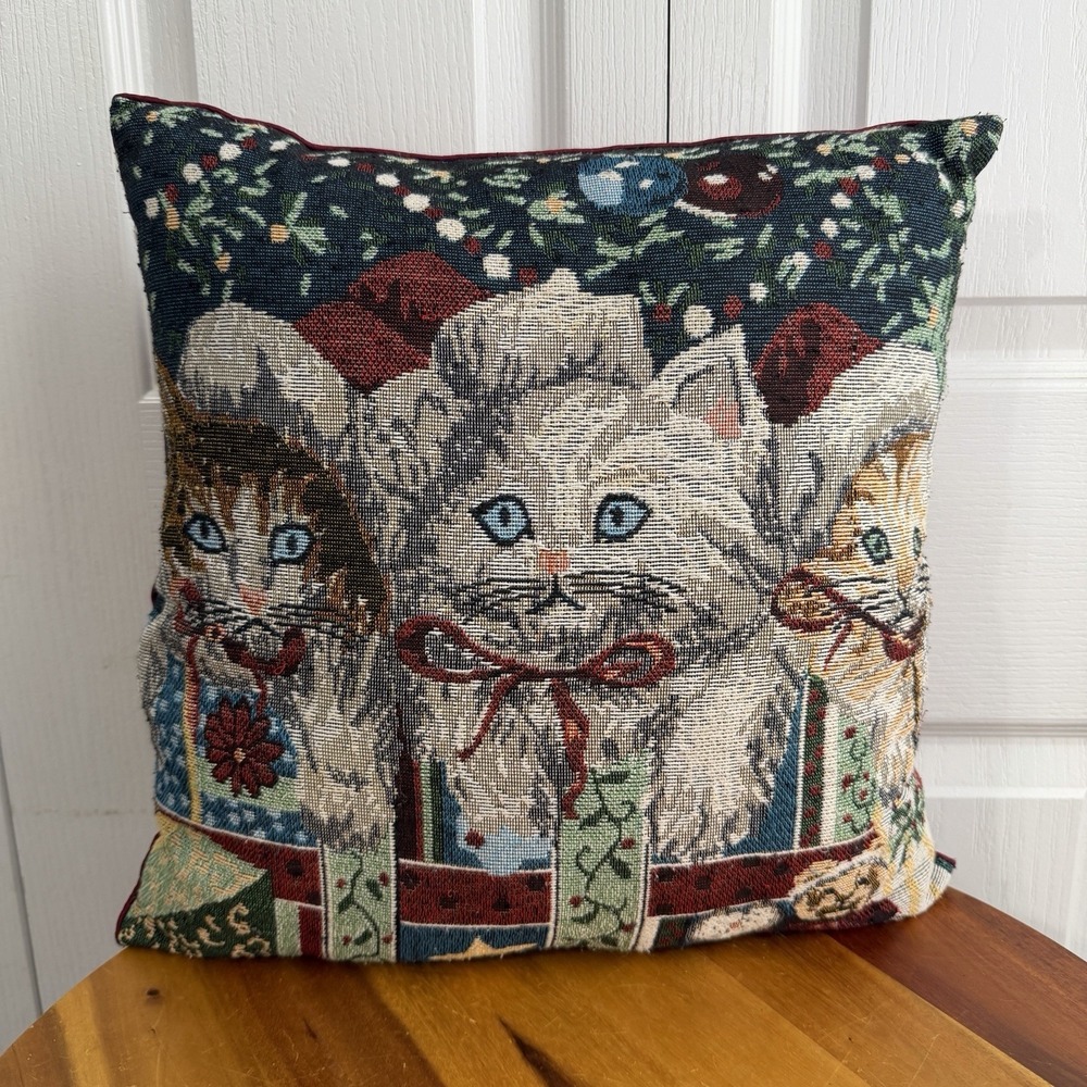 Vintage Tapestry Needlepoint Christmas Kitty Cat Presents Throw Pillow Cottage